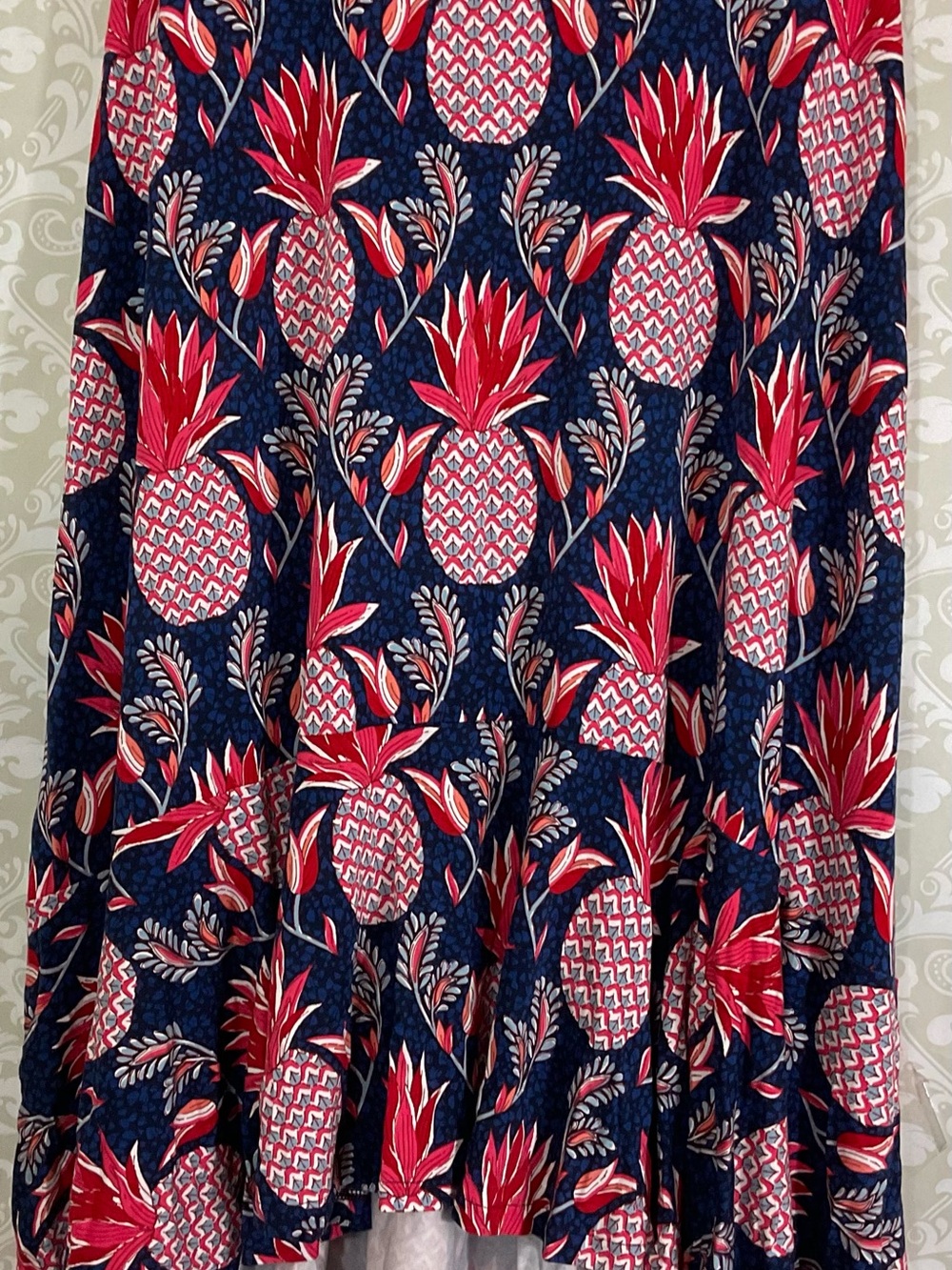 Boden Navy Maxi Skirt with Multi Pineapple Print Sz14 Boho Beach Hi/Lo Hem